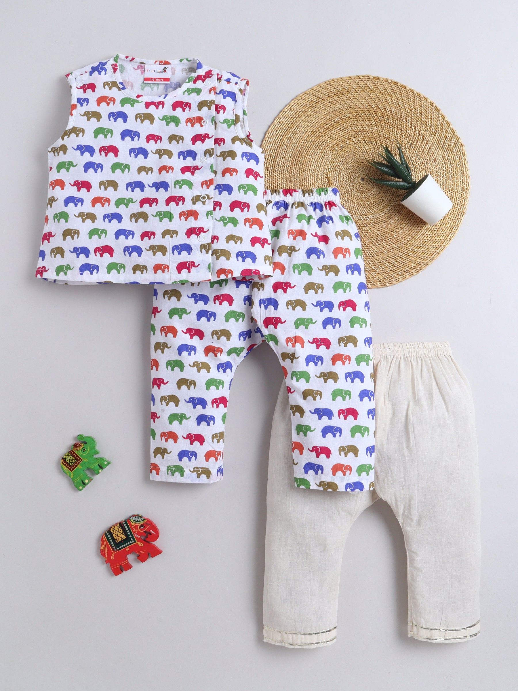 BAATCHEET Cottton Pack Of 3 Sleeveless Elephant Printed Jhabla Pyjamas Set- White 3