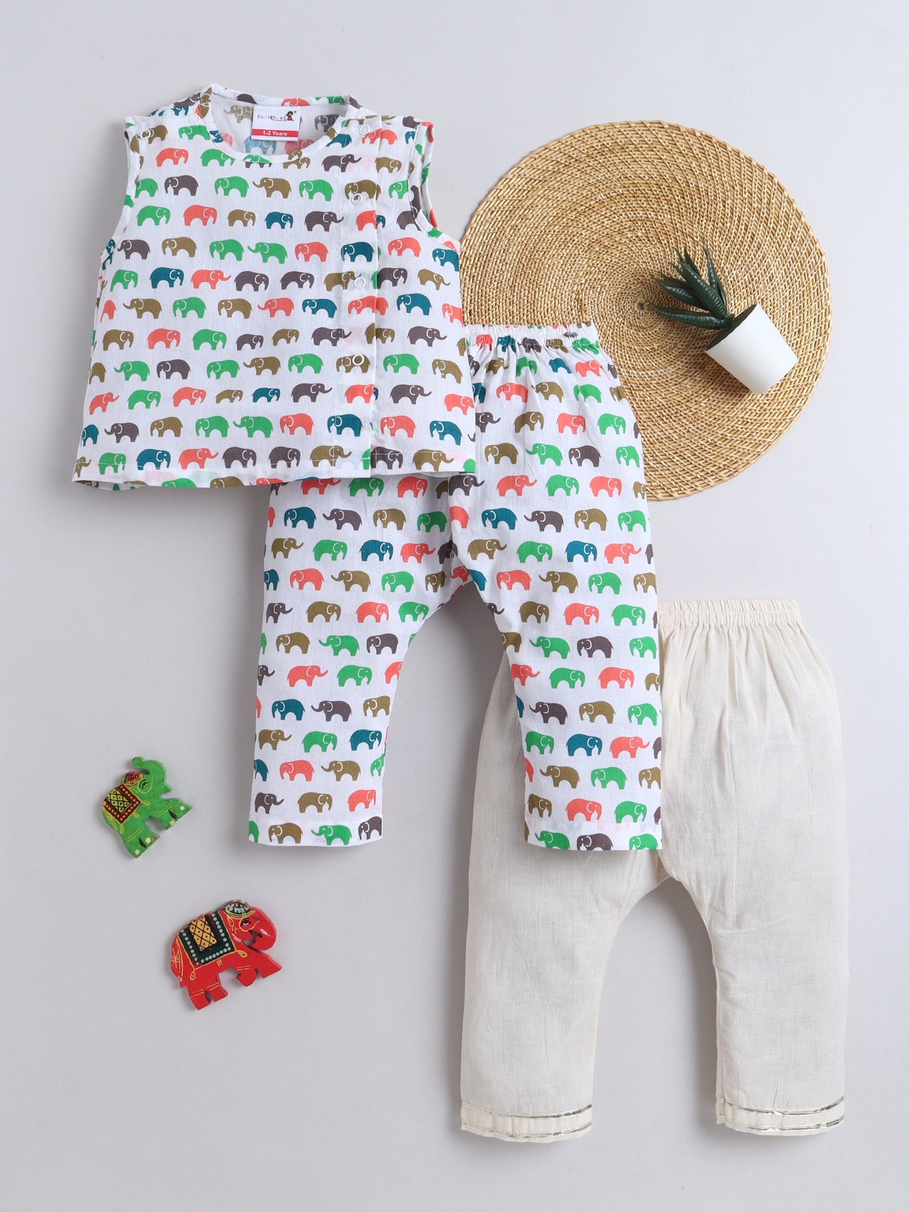 BAATCHEET Cottton Pack Of 3 Sleeveless Elephant Printed Jhabla Pyjamas Set- White 4