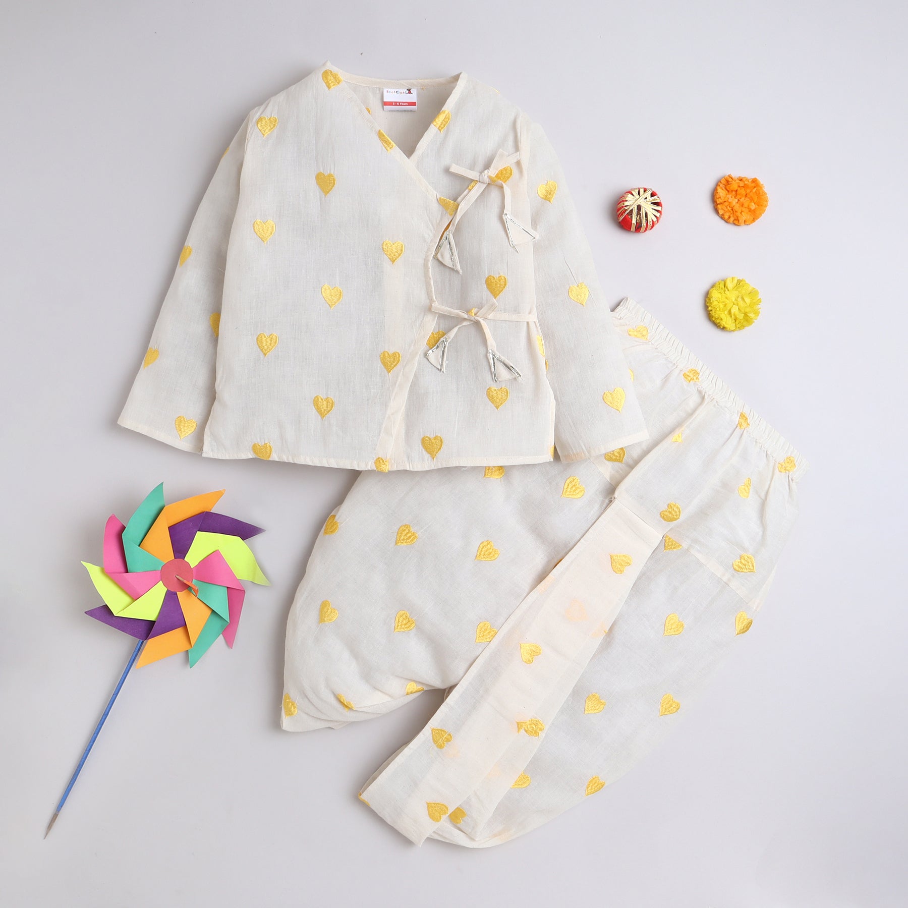 BAATCHEET Cotton  Full Sleeves Heart Embroided Kurta With Dhoti  - Yellow