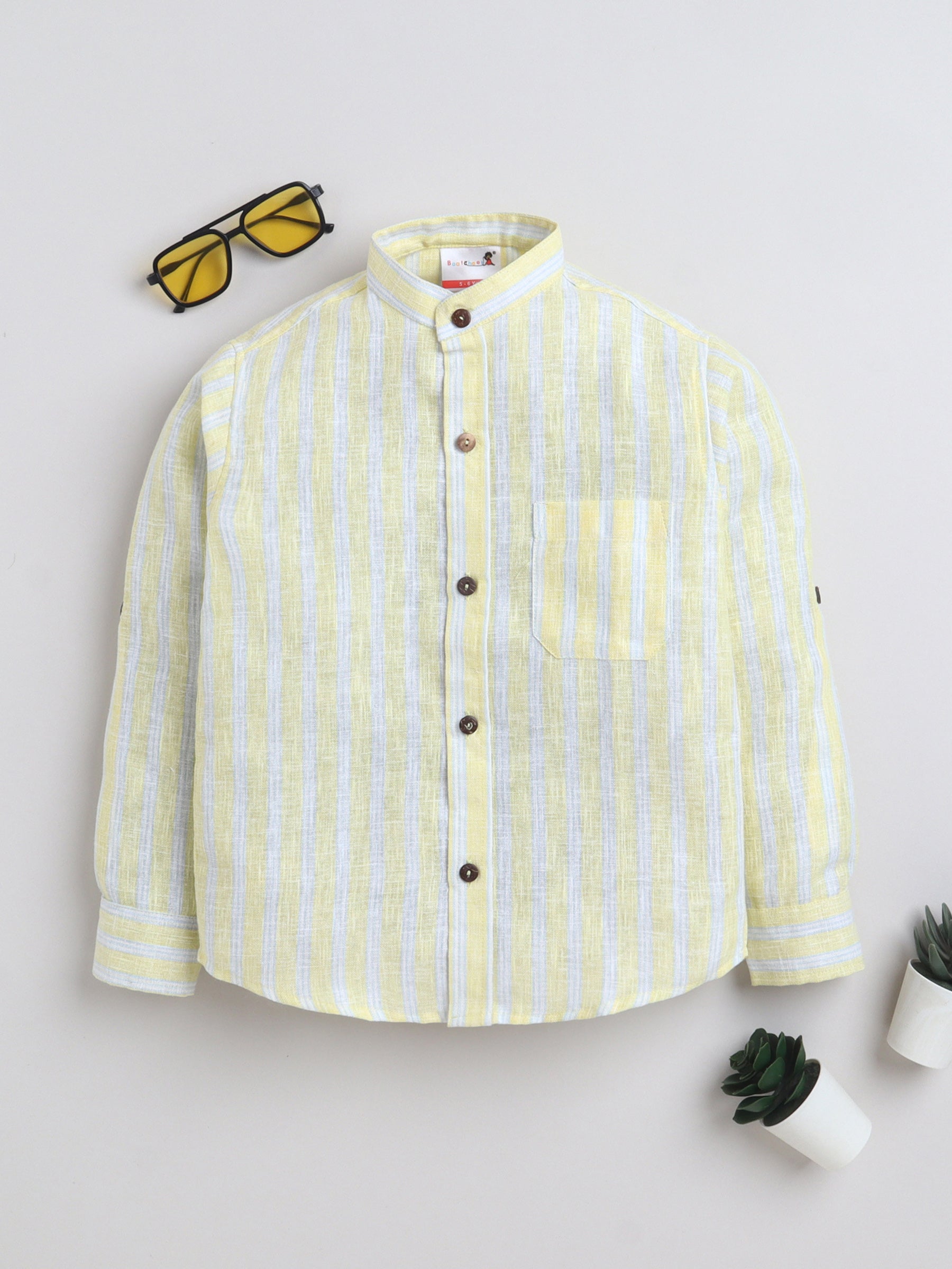 BAATCHEET Cottton Linen Woven Full Sleeve Striped Shirt - Yellow