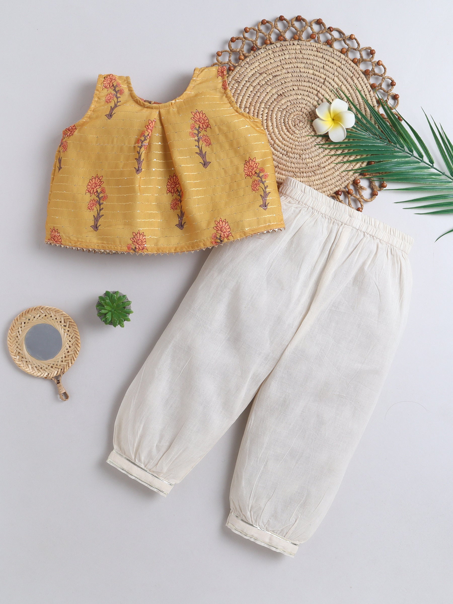 BAATCHEET Cottton  Sleeveless Digital Print Top and Pajama- Yellow