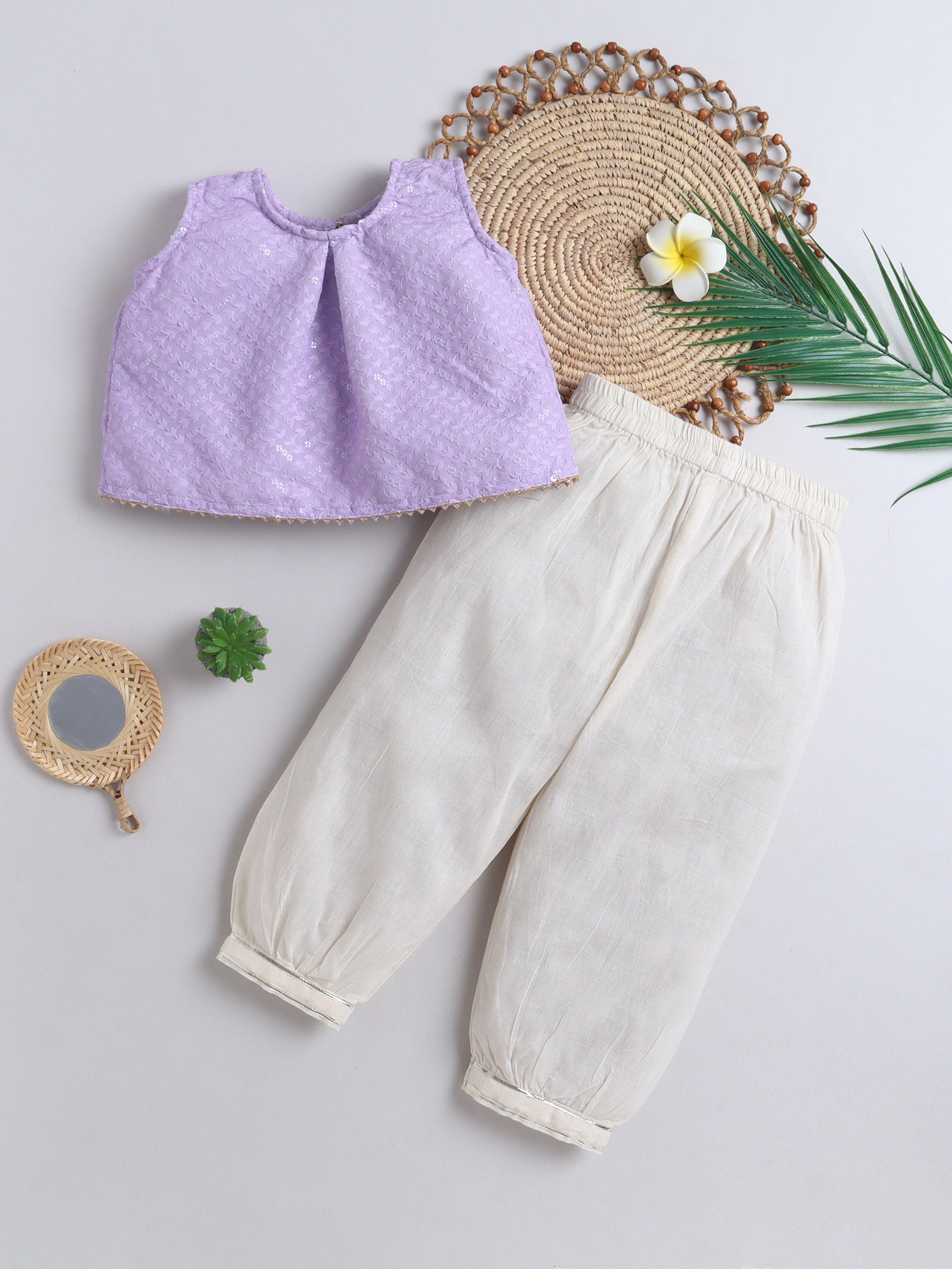 BAATCHEET Cottton  Sleeveless Embroided Top and Pajama- Lavender