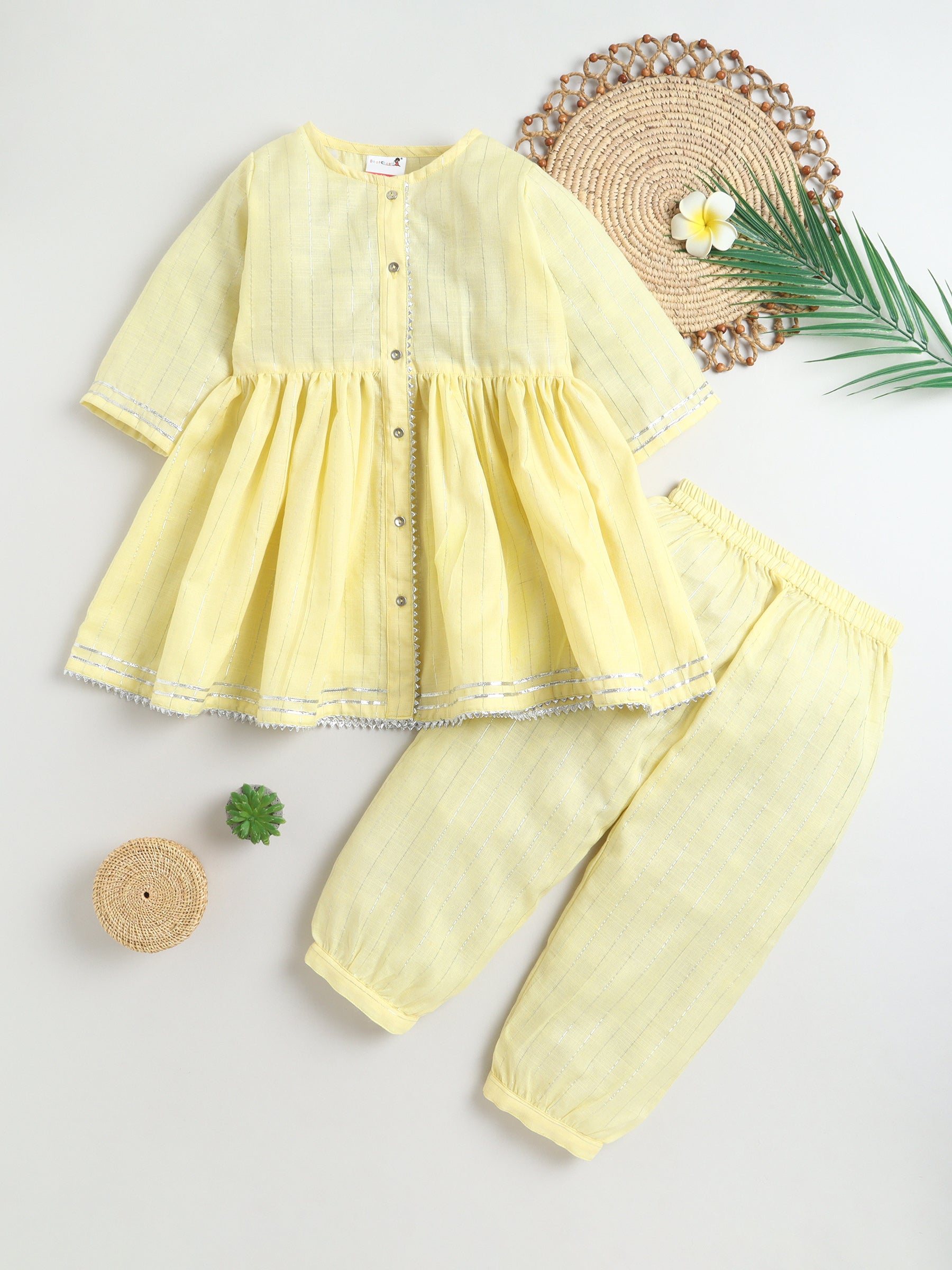 BAATCHEET Cotton Lurex Three Fourth Sleeves Foil Striped & Lace Embellished Rajasthani Kurti Salwar Set- Yellow