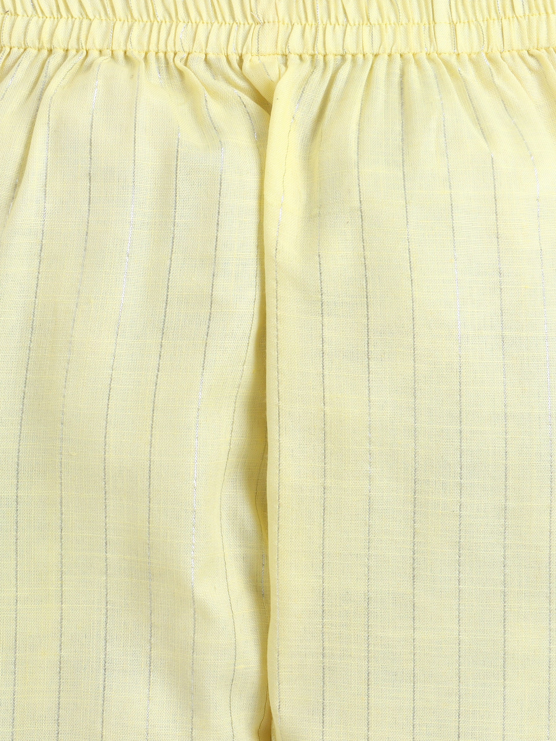BAATCHEET Cotton Lurex Three Fourth Sleeves Foil Striped & Lace Embellished Rajasthani Kurti Salwar Set- Yellow