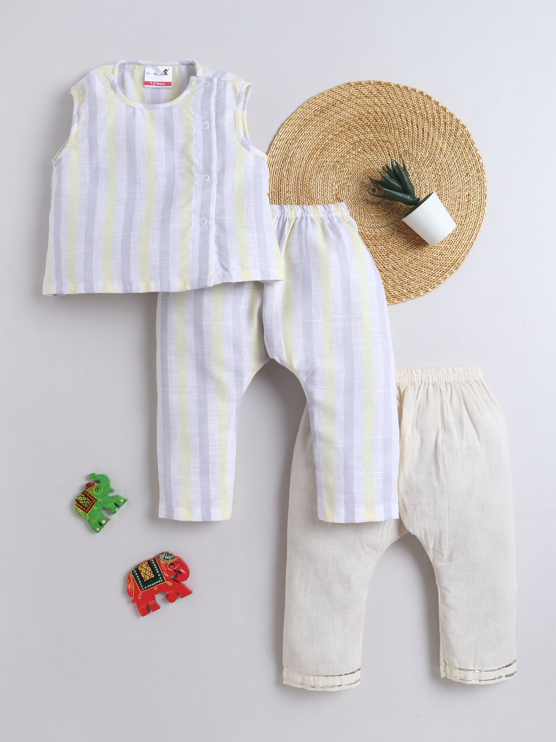 BAATCHEET Cottton Pack Of 3 Sleeveless Striped Printed Jhabla Pyjamas Set- Yellow