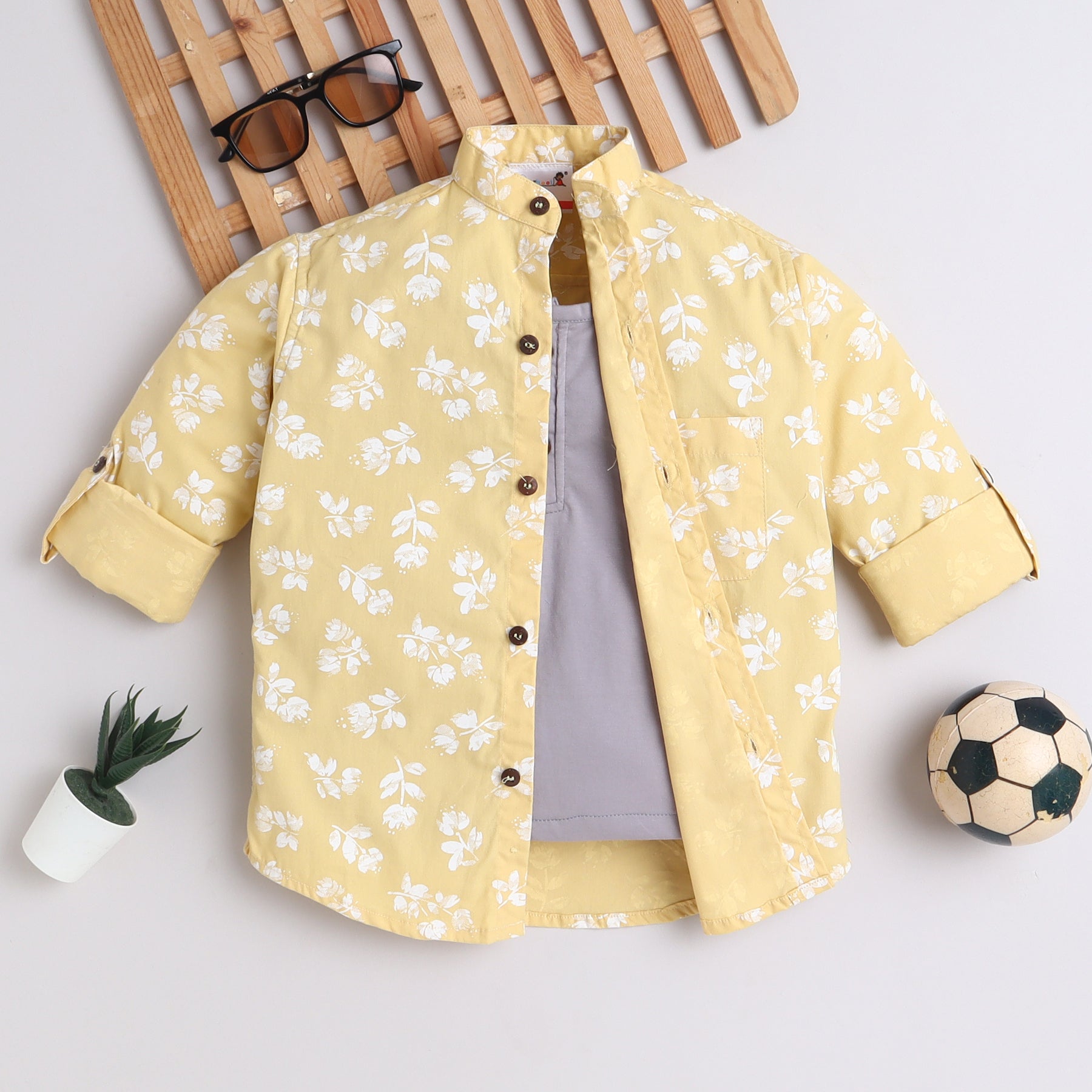 BAATCHEET Cotton Full Sleeves Flower Printed Shirt With Attached T-Shirt- Yellow